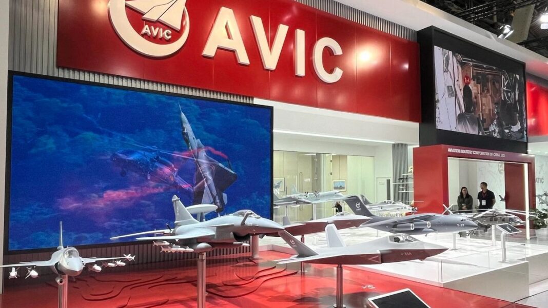 The stand for the Aviation Industry Corporation of China at the Paris Air Show on June 21, 2025.
