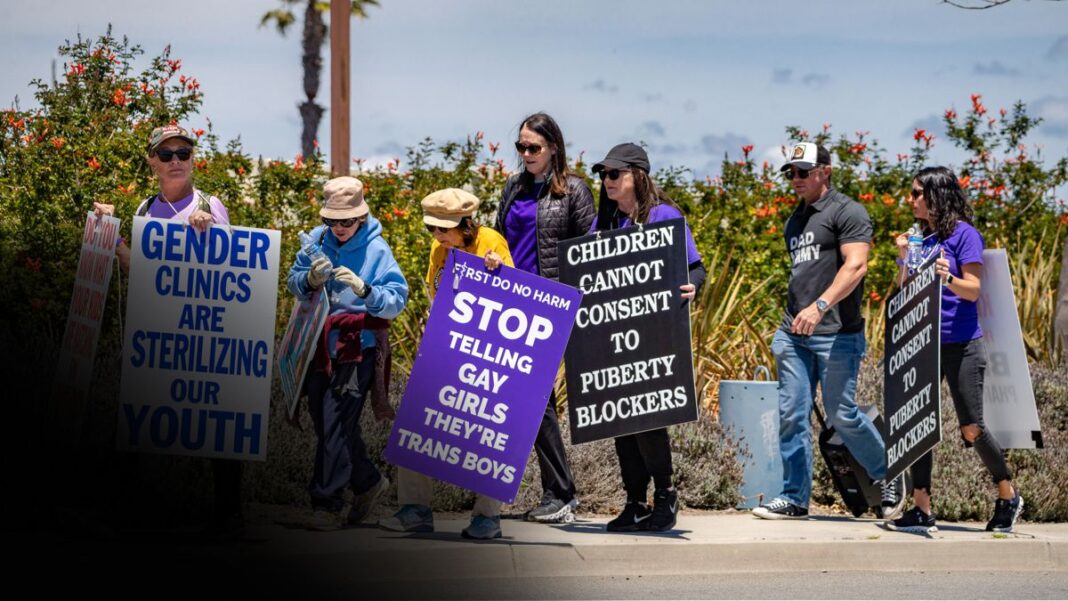 Detransition advocates meet outside of the annual Pediatric Endocrine Society conference held in San Diego on May 6, 2023.