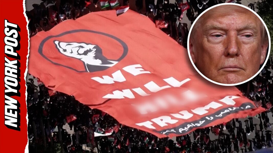 Iranians Unfurl Chilling Banner With Trump Assassination Threat at Ayatollah Khamenei's Burial