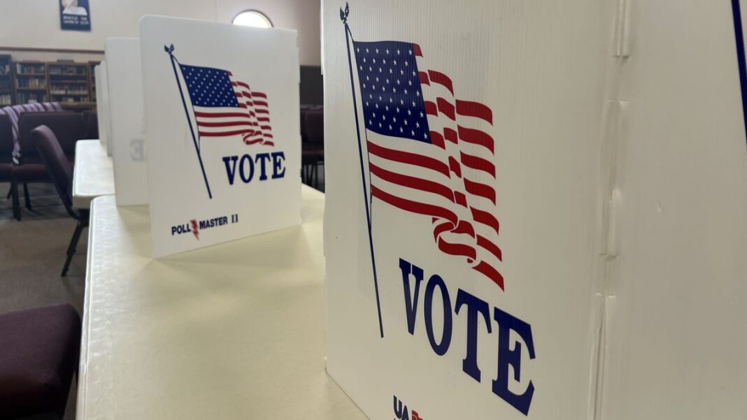A voting booth inside of the United Methodist Church of Pella in Pella, Iowa.