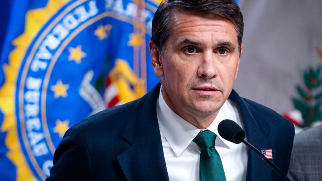 Acting AG Todd Blanche speaks during a news conference at the DOJ in DC on April 27, 2026.