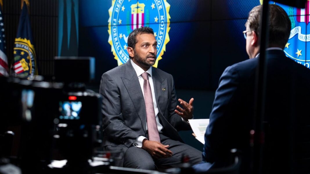 FBI Director Kash Patel speaks during an interview at the FBI headquarters in Washington on Aug. 4, 2026.